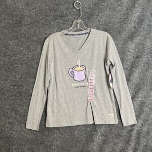 Life Is Good Womens Graphic Tee Size Small Gray Start Me Up Coffee V Neck New